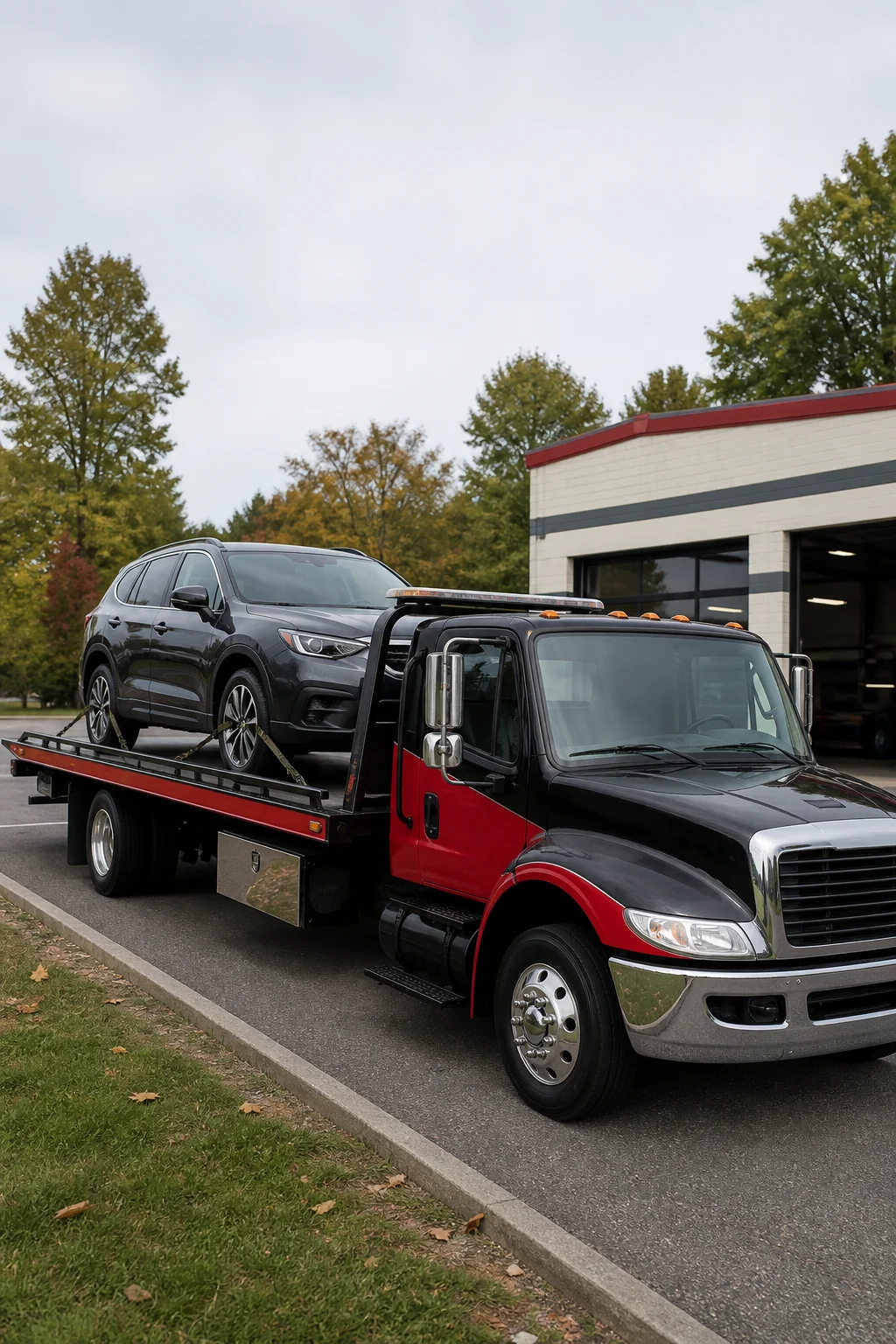 Dark SUV secured on a red-and-black flatbed tow truck outside an automotive workshop