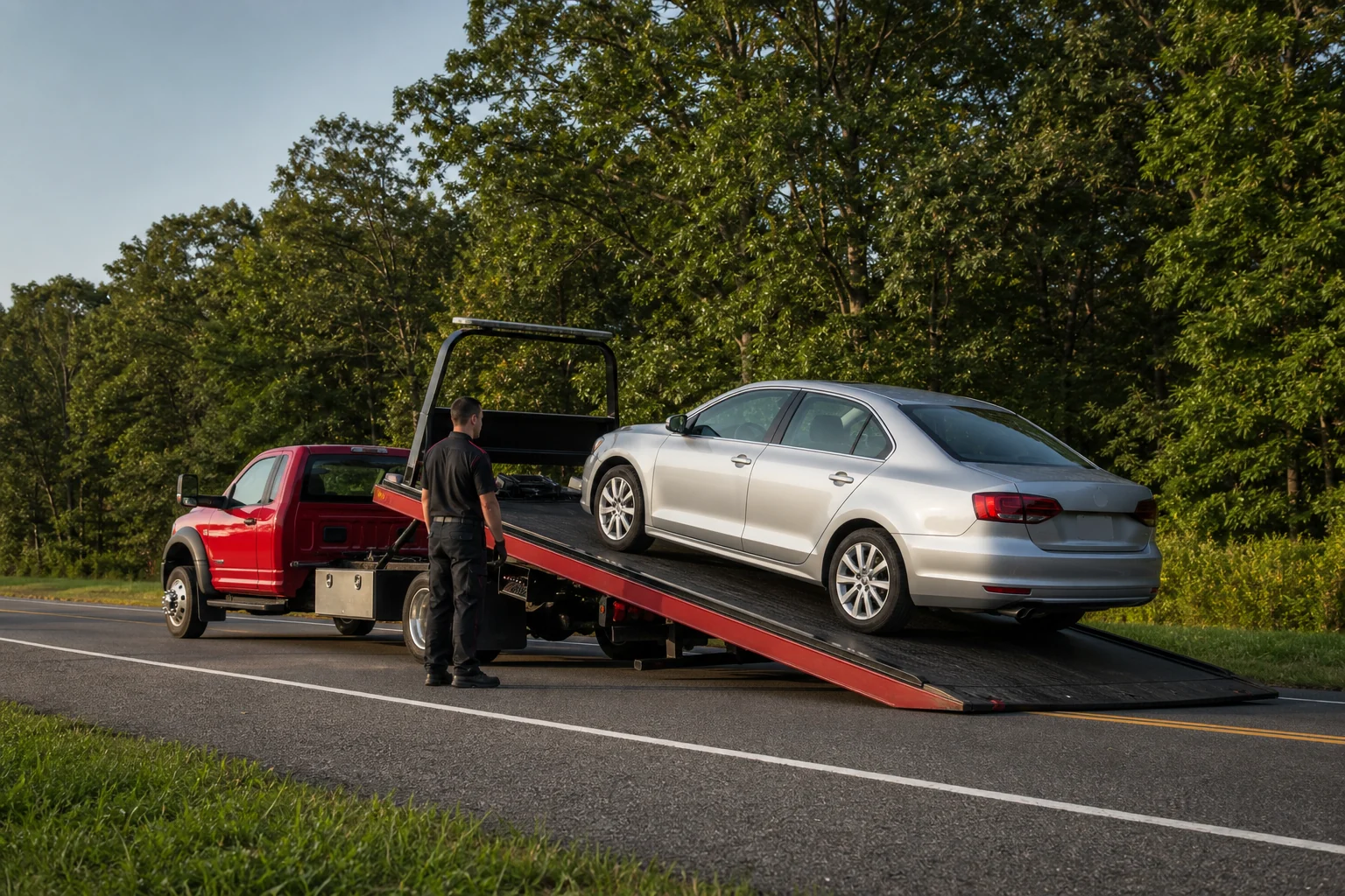 Professional tow operator loading a silver sedan onto a red-and-black flatbed truck on a tree-lined roadside