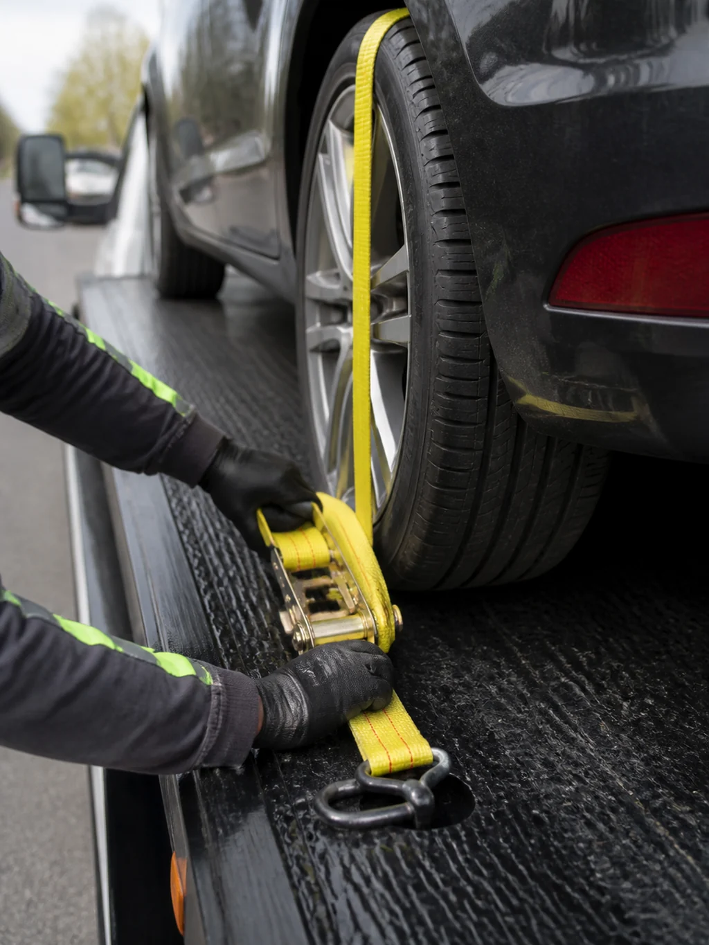 Gloved tow operator securing a vehicle wheel to a flatbed with a yellow tie-down strap