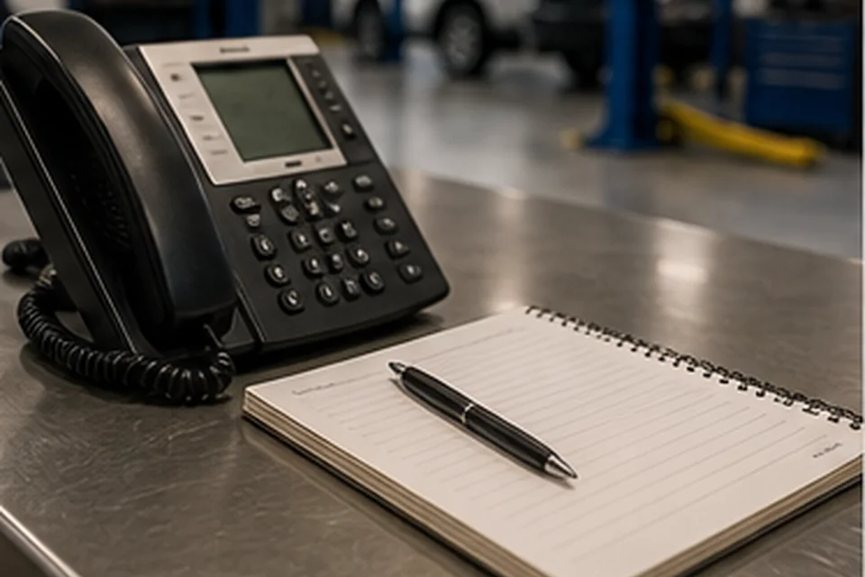 Appointment desk with telephone and vehicle service notes