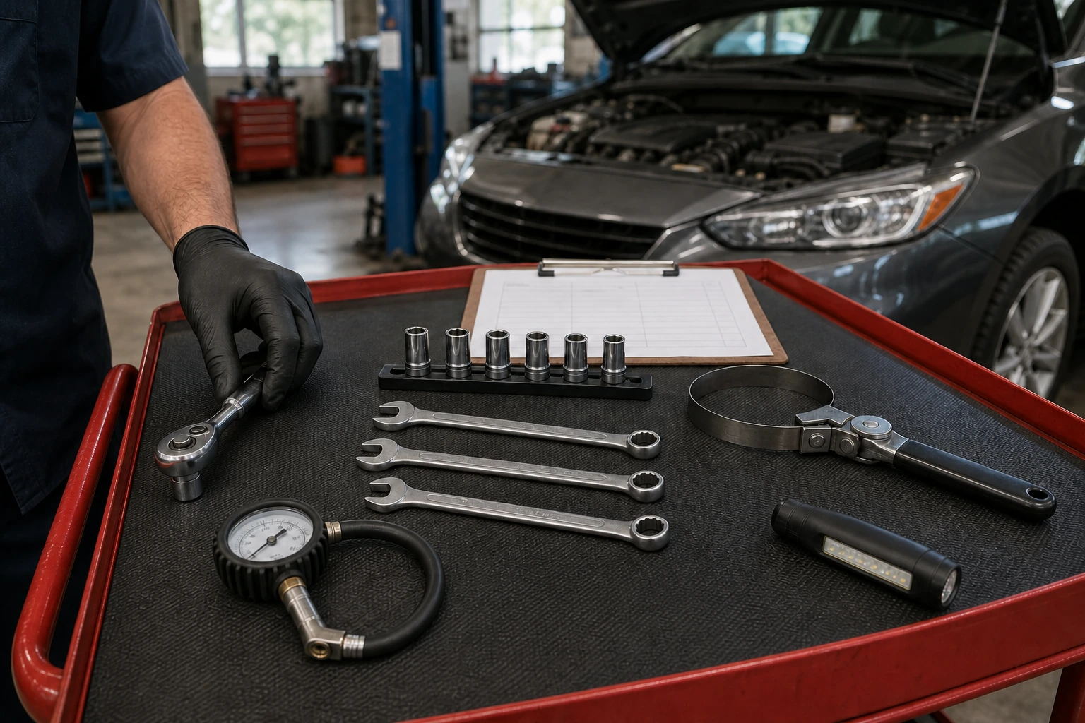 Tools and checklist prepared for scheduled vehicle maintenance